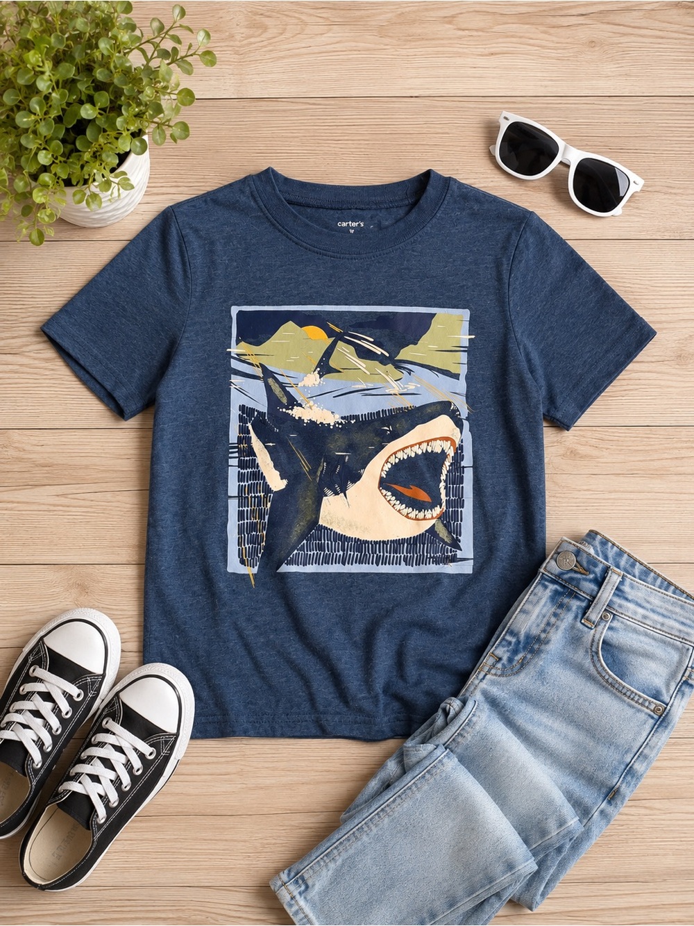 Carter's Navy Short-Sleeve Shark Graphic Tee with Yellow Accent
